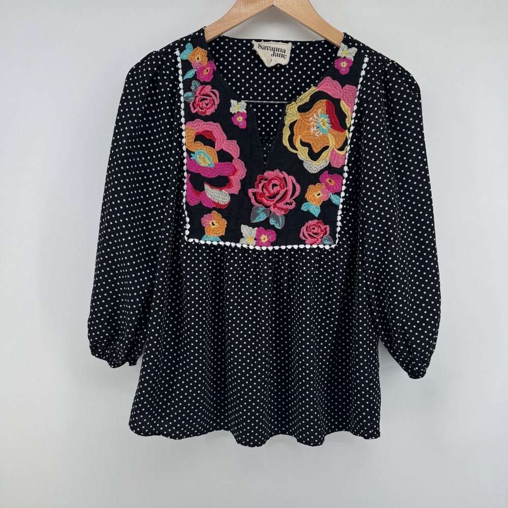 Savanna Jane Boho Polka Dot Floral Embroidered Peasant Blouse Size S Grandmacore